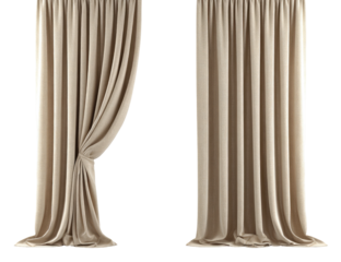 Two beige curtains, side-by-side, draped in soft folds