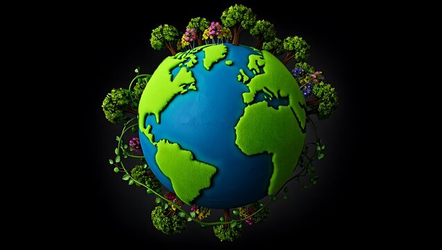 Vibrant earth globe surrounded by lush green trees and nature symbolizing global ecosystems and environmental protection