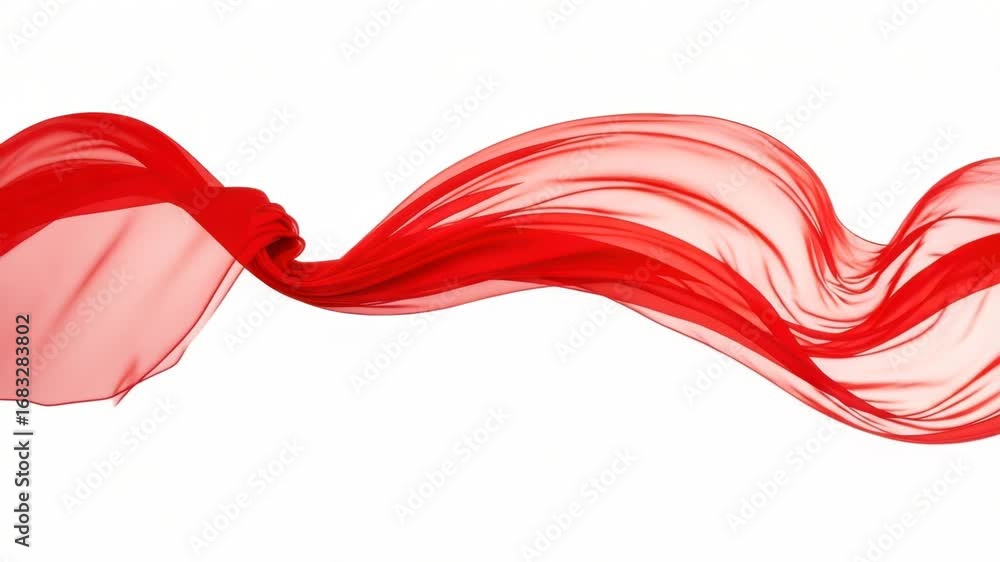 Poster a flowing red silk fabric gracefully curves and ripples across a clean white background, creating an
