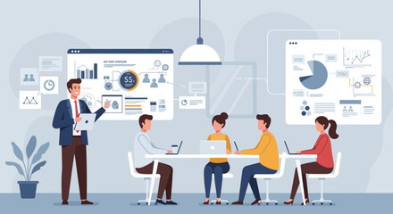 Fototapeta premium Business team meeting, data analysis presentation, collaborative work, office setting, charts, graphs.