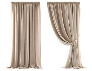Beige curtains in a split view.  Drapery panels, one open and one closed, with a soft, light tan color