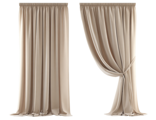 Beige curtains in a split view.  Drapery panels, one open and one closed, with a soft, light tan color