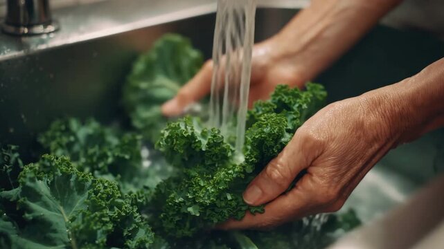 Person washes fresh green kale leaves under running water in kitchen sink. Hands clean leafy salad vegetables. Natural, freshness, hygiene, healthy eating. Food preparation, nutrition, organic living.