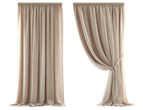 Beige curtains in a split view.  Drapery panels, one open and one closed, with a soft, light tan color