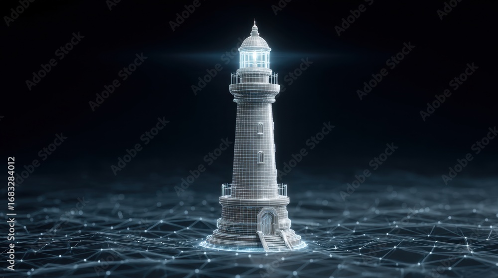 Aufkleber 3d representation of a lighthouse in a digital environment with network connections and glowing elem