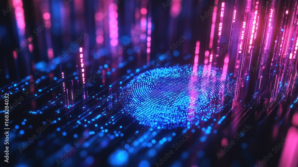 Poster abstract digital fingerprint embedded in a circuit board, glowing with vibrant pink and blue hues, d