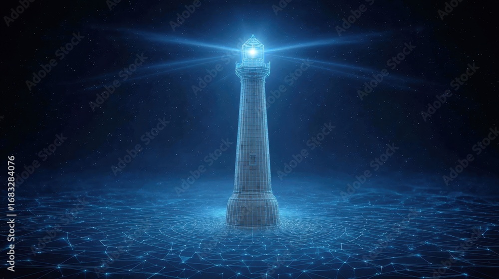 Aufkleber futuristic lighthouse illuminated by glowing light beams surrounded by digital network patterns, sym