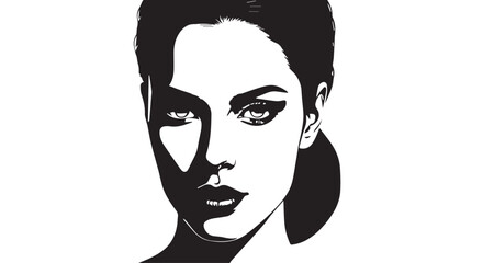 Girl face outline front look face in silhouette white background.