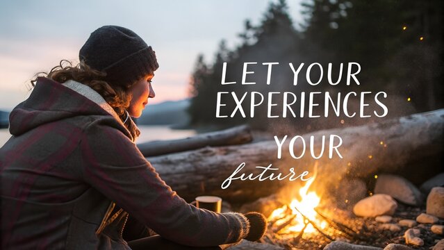 Woman reflecting by a campfire with an inspirational quote about the future.