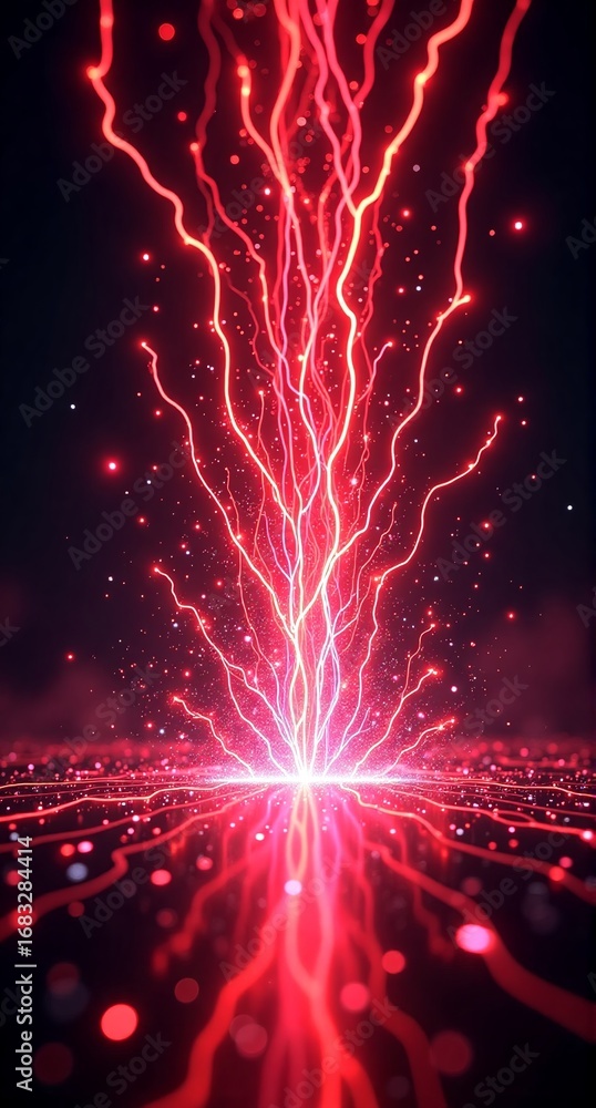 Poster intense red energy bursts from a bright core, creating dazzling lightning-like tendrils reaching sky
