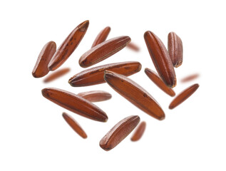 Raw brown rice levitates on a white background