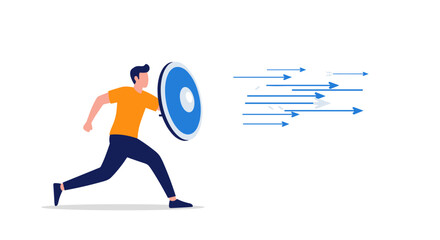 Resilient businessman defends against challenges using a shield, symbolizing protection and strategy