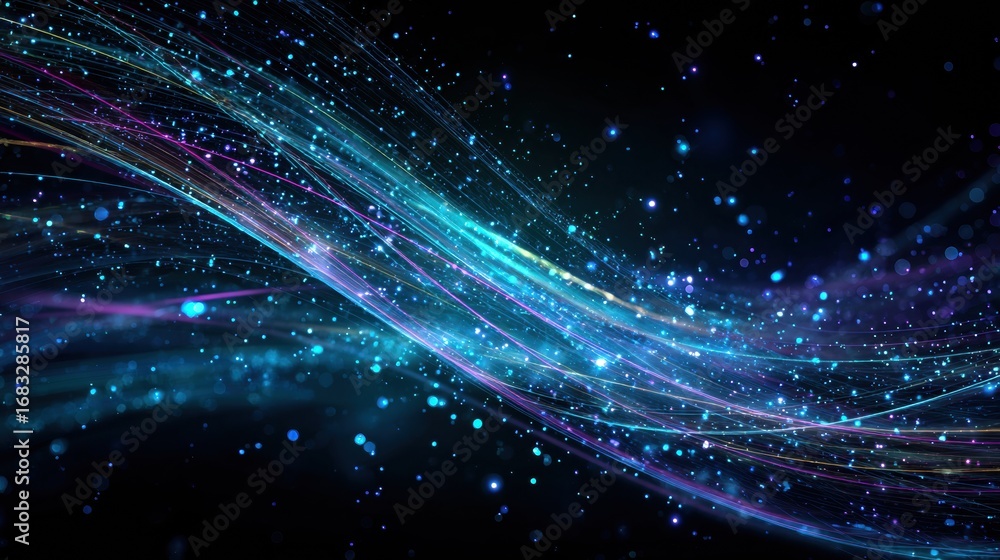 Poster dynamic streams of multicolored light flow gracefully through a dark backdrop, creating a mesmerizin