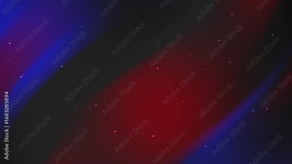 Poster abstract motion graphics background with red, blue, and black flowing shapes and floating particles