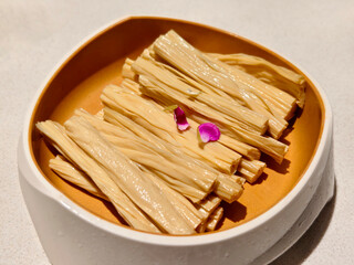 close-up plate of beancurd sticks