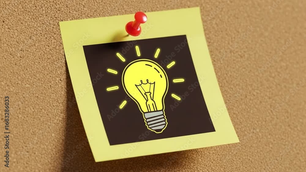 Poster a yellow sticky note with a lightbulb drawing pinned to a cork board using a red push pin