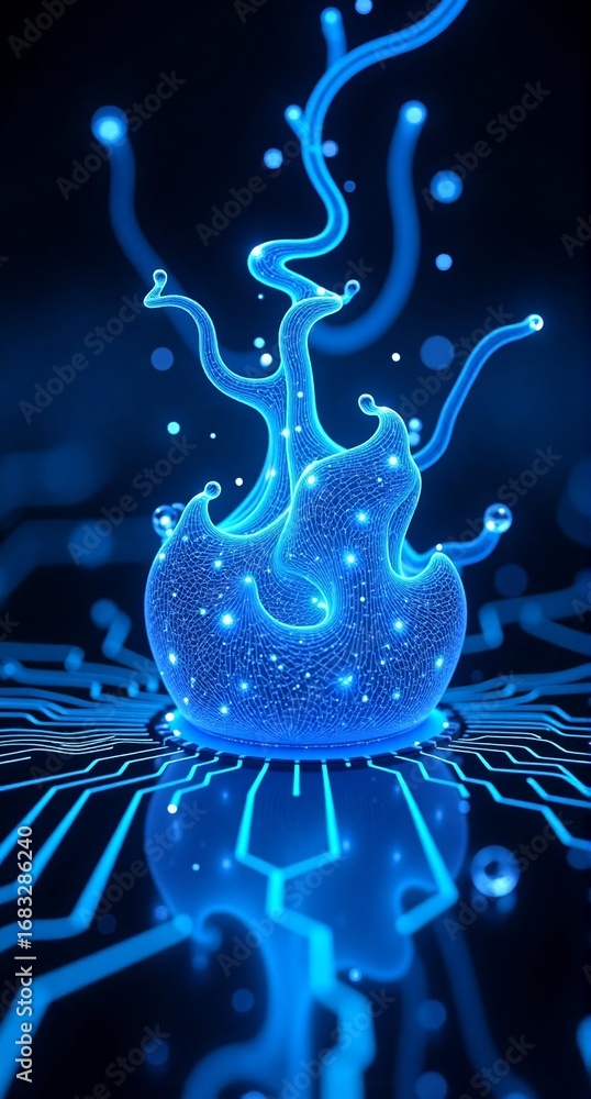 Poster a digital ethereal shape glows with electrical energy and neon light. it's interconnected with circu