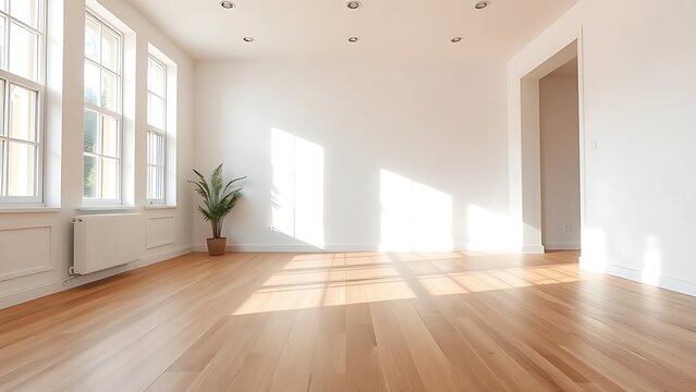 Minimalist living space with wooden floors and white walls, bathed in soft natural light for a tranquil ambiance.