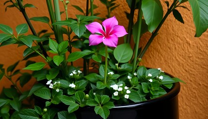 Pink periwinkle flower in black pot with green leaves and small white flowers