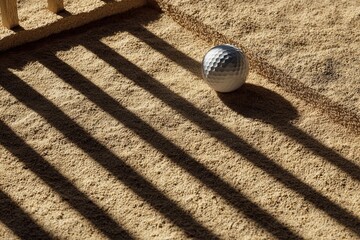A golf ball resting in a sand bunker with clear raking lines casting shadows.