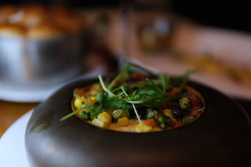Assorted grilled vegetables on a frying pan, showcasing a colorful and healthy meal. Flat lay with copy space