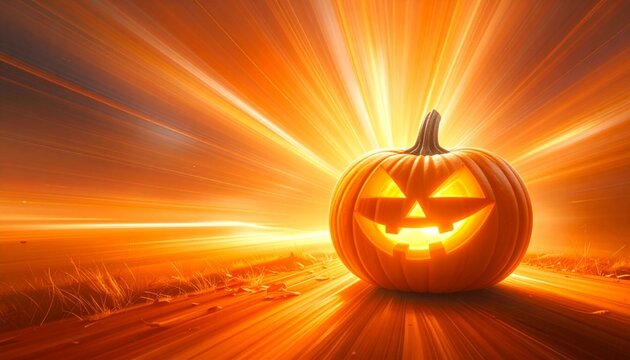 Spooky Halloween Jack-o-Lantern glowing on a bright orange background with mysterious motion blur zoom