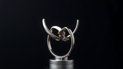 An abstract metallic sculpture symbolizing partnership, highlighted with studio lighting on a dark background.