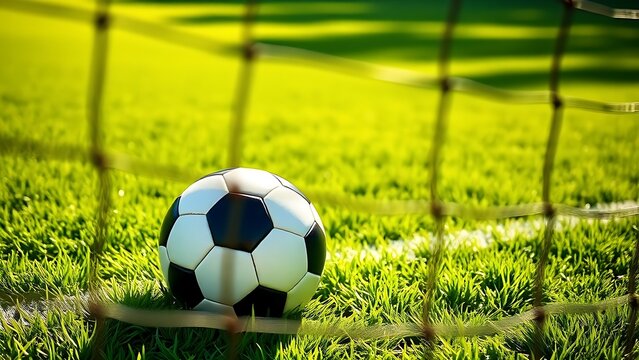 Soccer ball nestled in the net against a lush green field, capturing a moment of victory.