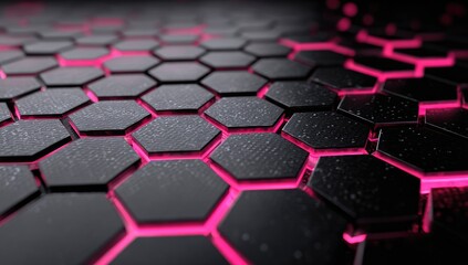 Obraz premium Abstract hexagonal grid, dark gray panels with vibrant pink inner glow