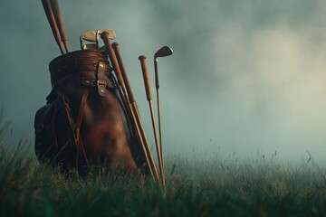 A set of golf clubs in a bag standing in the grass with a misty background, early morning ambiance.