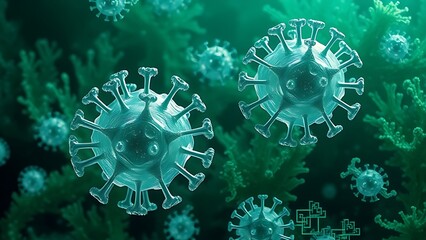 Enormous crystalline virus structures lie dormant within emerald algae, their geometry suggesting hidden power.