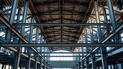 Geometric arrangement of industrial steel beams at a construction site, bathed in soft natural light.
