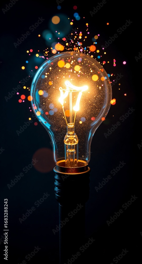 Poster a glowing lightbulb bursts forth with colorful sparks against a dark backdrop. the image symbolizes 