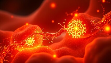 Cellular-level artistic rendering of mitochondria glowing with healing energy powering regeneration within human tissue