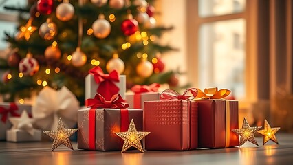 Festive holiday setup with decorated tree and gift boxes, evoking warmth and seasonal joy.