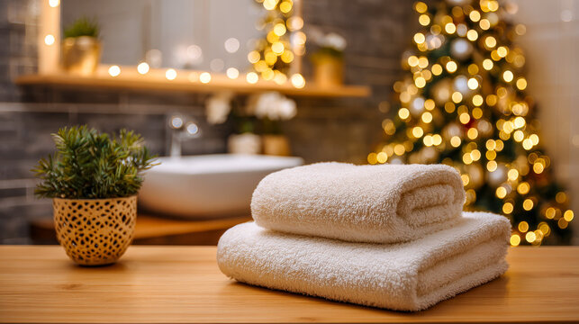 Two folded white towels rest on a wooden vanity, with a blurred bathroom sink, plant, and festive lights in the background