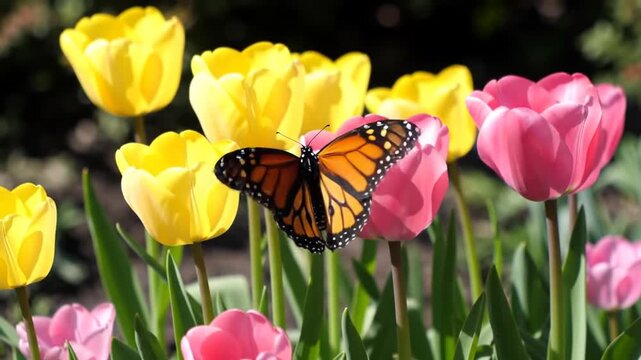 Monarch butterfly on tulips