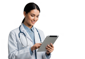 Smiling female doctor using digital tablet for patient care and medical record management transparent background