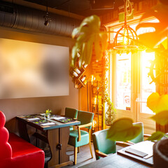 Natural restaurant interior with scenic view at sunset