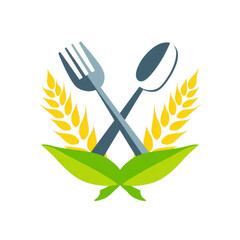 Fork and Spoon Icon with Wheat and Leaves Logo Concept