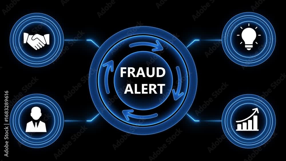 Poster animated fraud alert screen with connected icons and data visualization