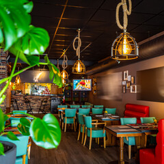 Sunny empty restaurant interior with no people tables sun restaurant