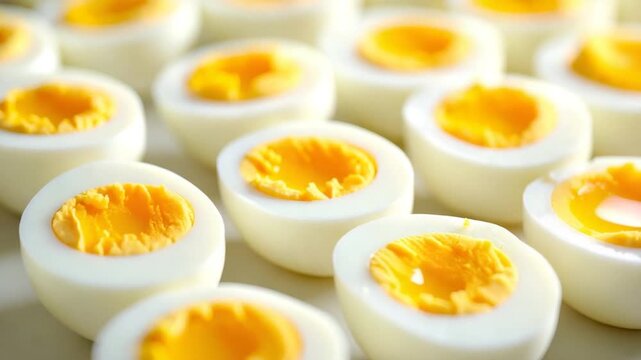 Close up of perfectly halved hard boiled eggs with bright yellow yolks