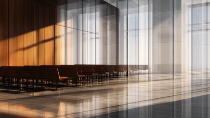 Fototapeta premium Modern architectural interior with wooden benches and glass walls, sunlight streaming through, creating a serene atmosphere