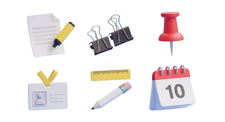 3D Rendered Office Supplies Including Binder Clips Paper Pencil Ruler stationery document isolated on a transparent background