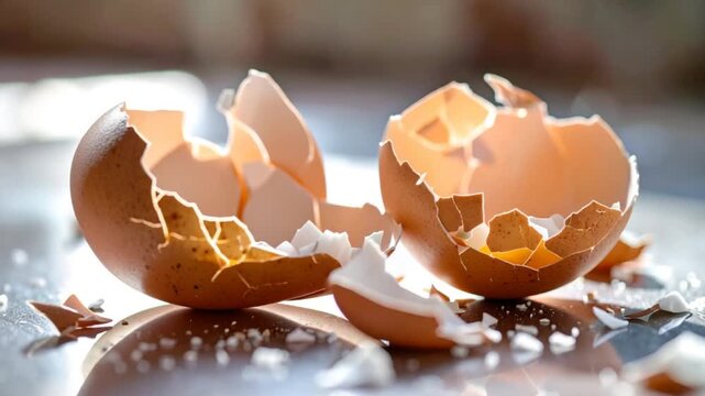 Cracked eggshells displayed on a reflective surface close up