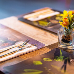 Sunny empty restaurant interior with no people tables sun restaurant