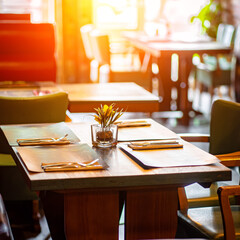 Sunny empty restaurant interior with no people tables sun restaurant