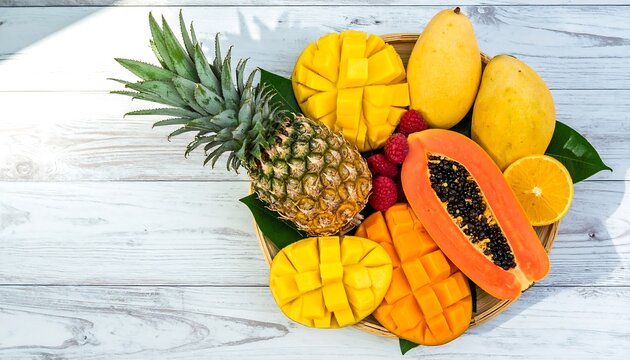 Tropical fruit platter on a light wooden surface - Powered by Adobe