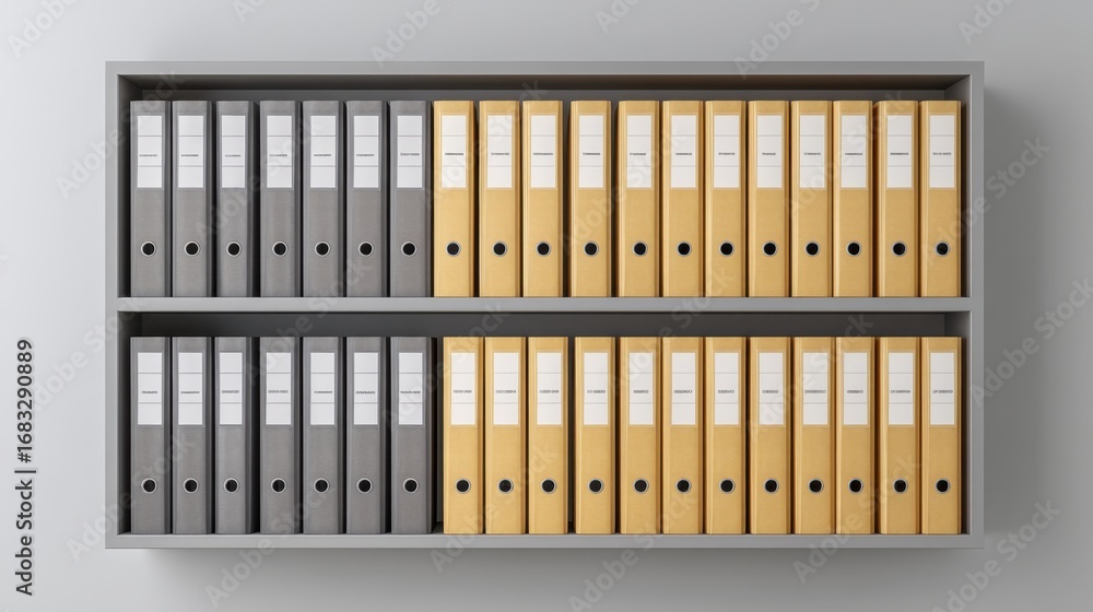 Poster Organized office shelf featuring neat rows of grey and yellow binders showcasing an efficient workspace for document management and storage solutions